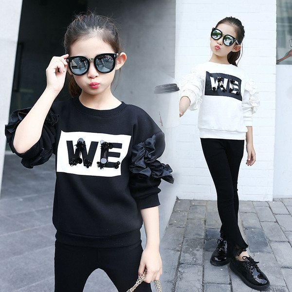 Kids clothes girl t shirts letter o neck long sleeve pullover sweatshirts autumn winter cotton girls tops tees black white children clothing