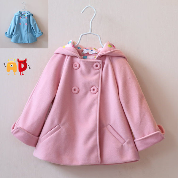 good quality Children's Lovely Rabbit Ears Hat Solid Color Wool Blend Fleece Little Princess Girl's Coat Winter Outwear for 2-10 Years Old