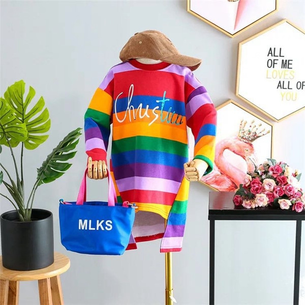 Girls Long Sleeve Clothes New Fashion Rainbow Striped Swearshirts Casual Spring Autumn Sports Irregular Long T-shirt For Girls
