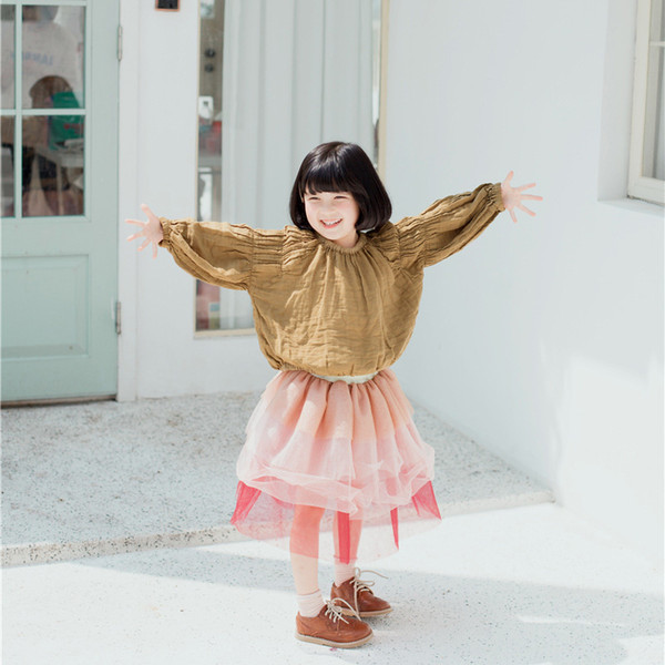 Girls new casual shirts kids spring summer cotton linen shirt baby o-neck long sleeve solid yellow ruffle clothes children 1-7T