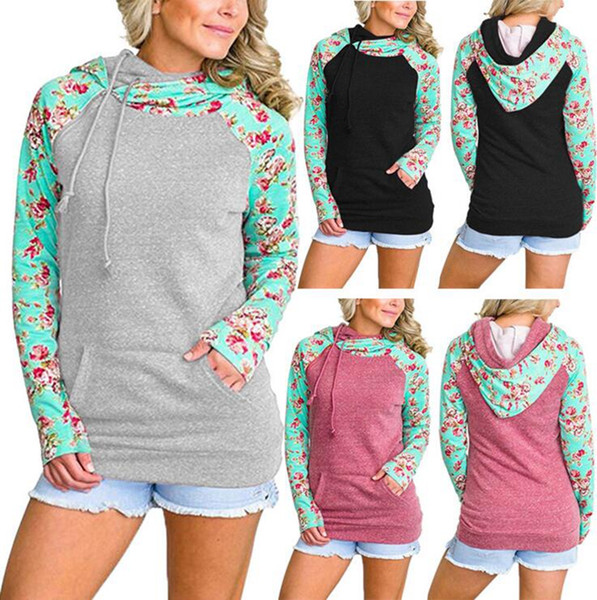 Double Hood Hoodies Sweatshirt Autumn Women Floral Print Patchwork Drawstring Hoodie Side Zipper Long Sleeve Outerwear LJJO4382