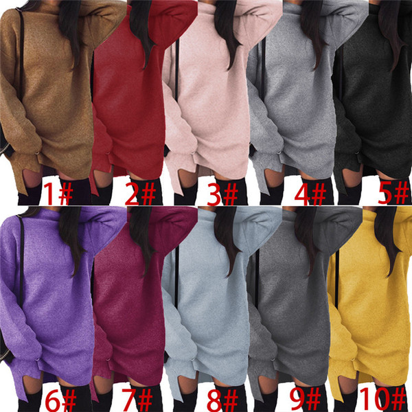 Autumn Winter Knit Dress Women Warm Knitting Split Hoodie Skirts Loose Oversized Fashion Girls Long Hoodies Solid Color Turtlenecks Dresses
