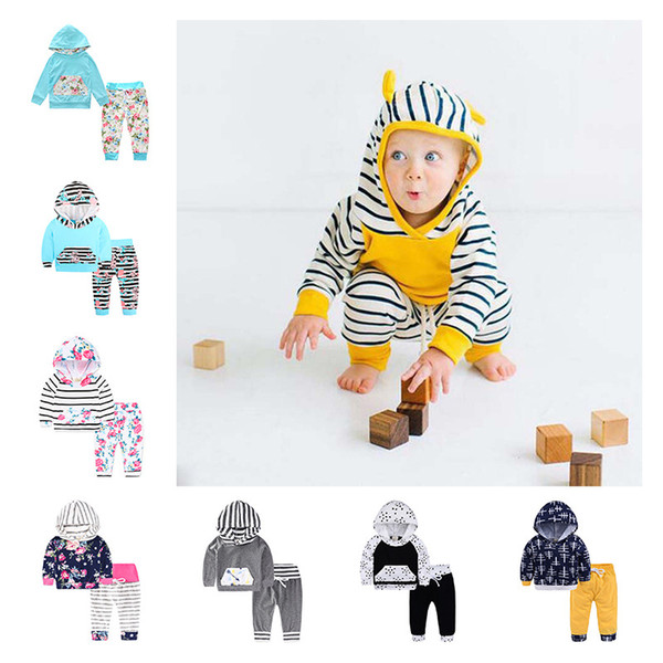 40 styles INS Outfits Baby Boy Girl Clothes Newborn Fashion Cartoon Floral Stripe Hoodies Sets kids Long Sleeve Clothing 0-24M Free Shipping
