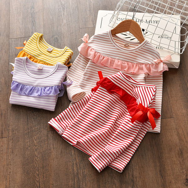 good quality 2019 spring and autumn new girls fashion cotton sweater children striped lace bow shirt kids casual shirt