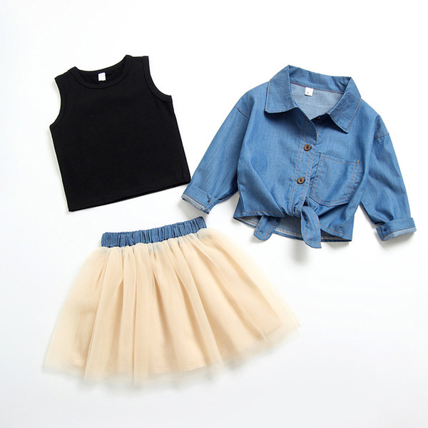 New Kids Clothing Set Girls Sleeveless Tulle Dress with Denim Jacket Fashion Fall Girls Clothes Vestidos
