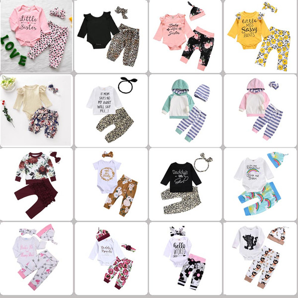 64 styles NEW Baby Girls 3 Piece sets ROMPER Kids Girls Flower Rainbow print shirt + Pant + headband Baby kids Clothing sets