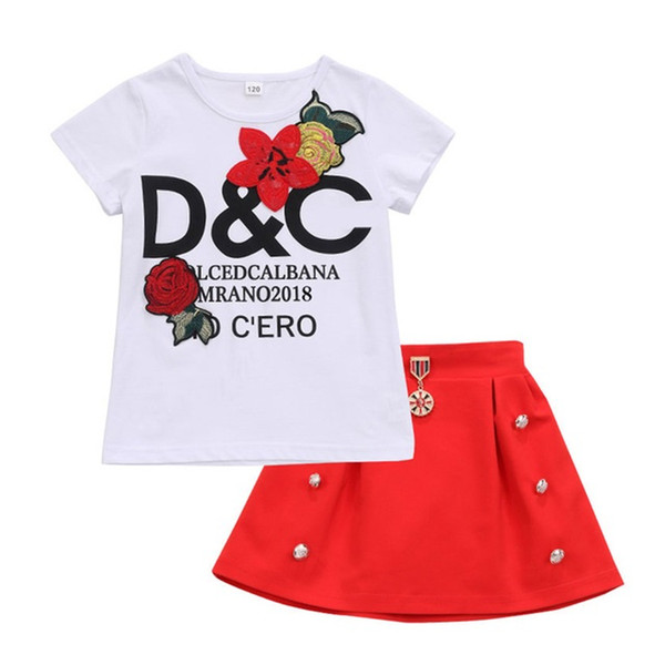 2018 New Design Children Girls Sets Fashion Patchwork Flowers Pattern T-shirt + Skirt Suits Clothing For Girls Summer wear