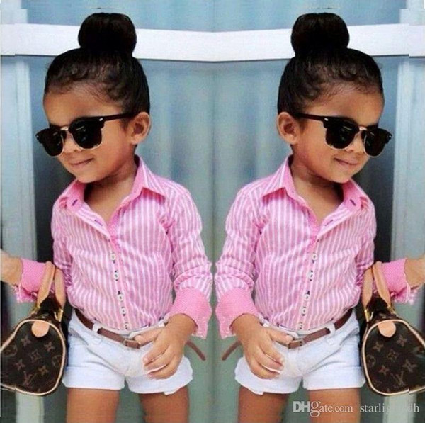Girls Striped Long Sleeved Shirt White shorts Waist 3 childrens Suit Pink Stripe Fan 3 Set kid301