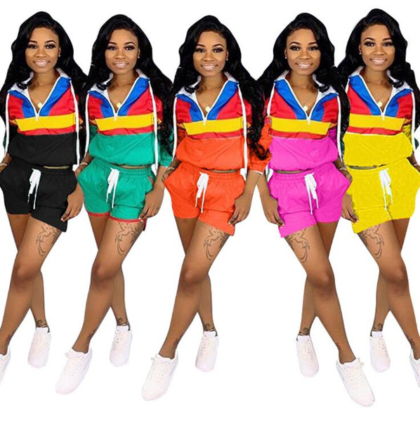 Women Patchwork Tracksuit Contrast Color Hooded Zipper Crop Jacket Drawstring Shorts Sweatshirt Hoodies 2pcs/set Girls Clothing Set OA6523