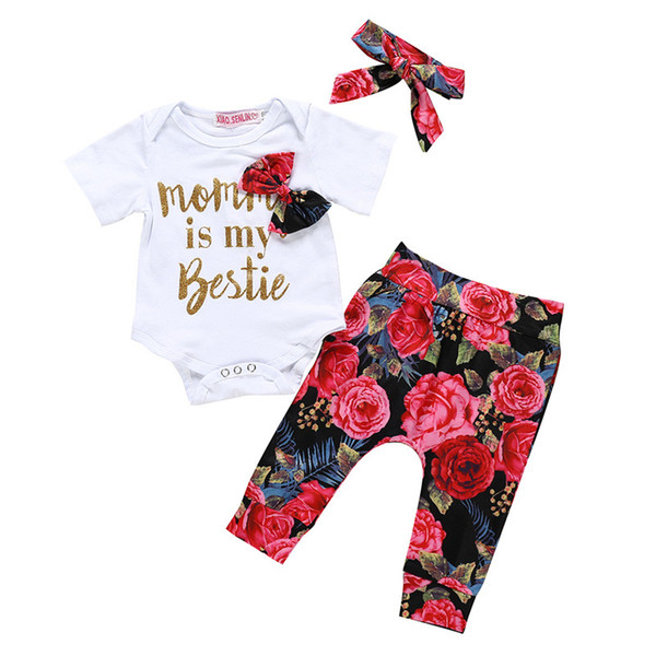 Kids Girl Floral Clothing Set Short Sleeve Letters Printed Tops +Floral Pants + Headband Kids Girl Designer Clothing