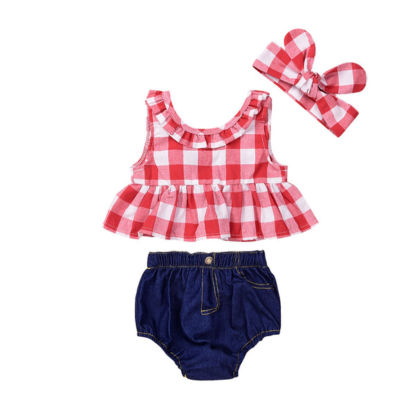 New Summer Cute Girls Sets Plaid Back Bow Tops Shirts + Denim Pants shorts + Bow Headband 3pcs Set suits Girl Baby Girl's Clothes 405
