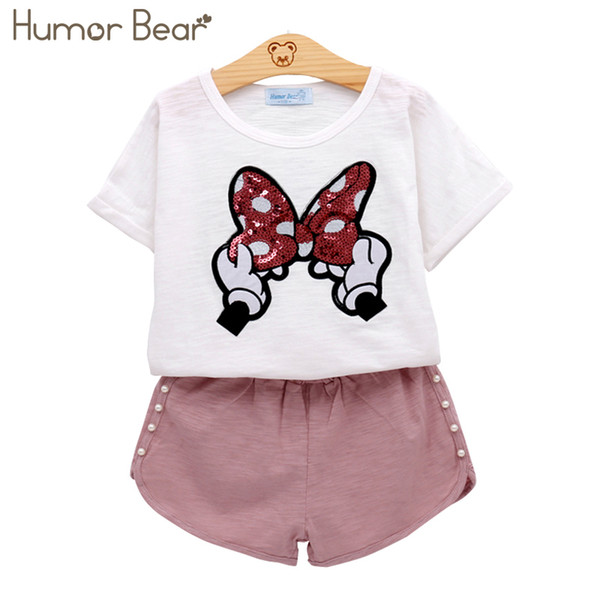 Humor Bear Fashion Bow Short Sleeve T-shirt +pant Baby Girls Clothing Kids Cartoon Clothes Set Y190529