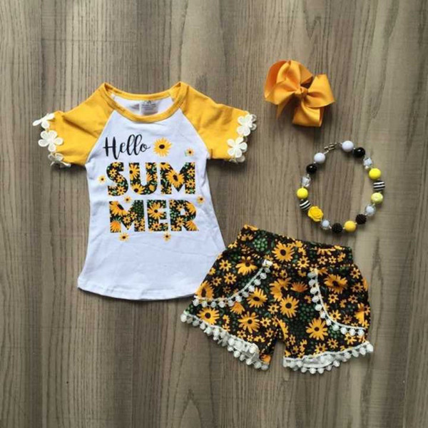 Hello Summer Baby Girl Outfit Kids Sunflower Letter print 2pcs Set Girls Short Sleeve Tops Shorts for 1-6T