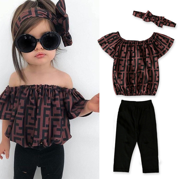 Brand Girls Fashion Clothes Suit F Letters Children Outfits Off Shoulder Tops Pants Headband 3pcs Sets Summer Baby Kids Clothing Sets B82603