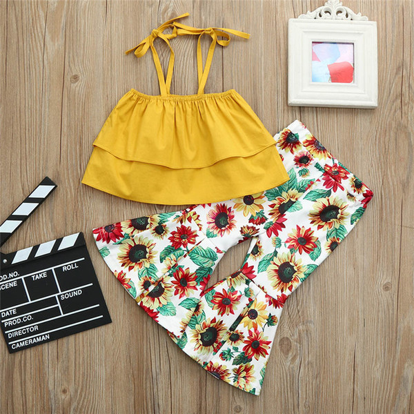 Girls Flower Clothing Sets Kids Summer Shoulder-straps Top + Floral Boot Cut Pants Children Sunflower Print Outfits 2 pcs/set