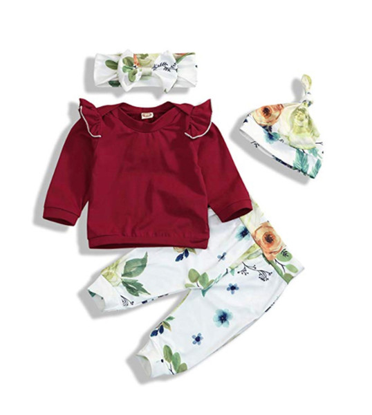 Newborn Baby Romper Set Infant Girls Ruffle Long Sleeve Romper Tops Kids Designer Clothing Set Elastic Little Floral Pants With Headband 06