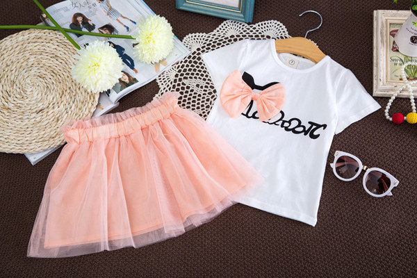 new brand children's summer suit girls bow t-shirt + White gauze skirt suit children's short sleeves suit