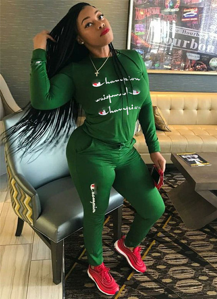Women Champions Letter Tracksuit Pullover Hoodie T Shirt Top + Pants Leggings 2PCS Set Hoodies Outfits Sportswear Joggers Suit Clothing 2019