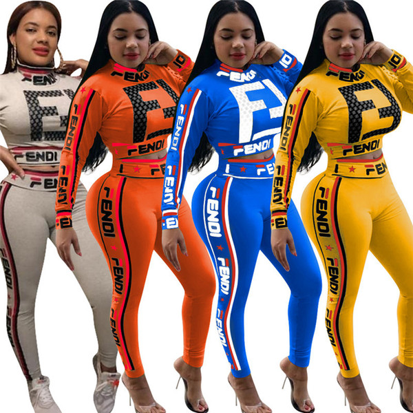 Women Spring 2 Piece Outfits F Letter Star Printed Long Sleeve Tracksuit Sweatshirt Pants Sets Crop Top T-shirt Street Suit S-3XL 2019 A3192