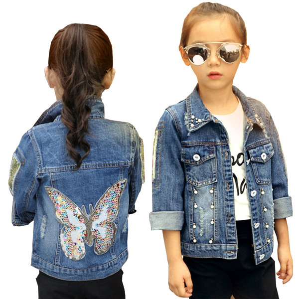 2019 Big Girls Denim Jacket Cardigan Coat kids Jean Outwear Butterfly Embroidery Sequins Children Clothing Spring Clothes MX191024