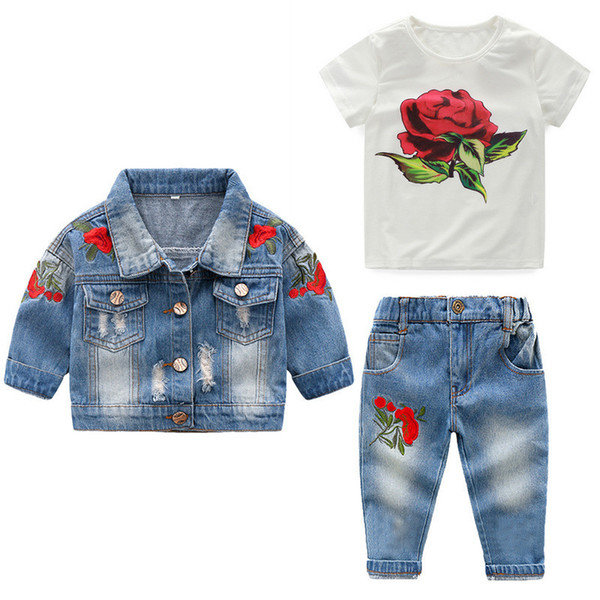 Fashion Baby Girls Clothing Sets Baby Girl Sets Cotton Floral Girl 3pcs Suit Sets Flower Denim Coats/outerwears +shirts+jeans Y190518