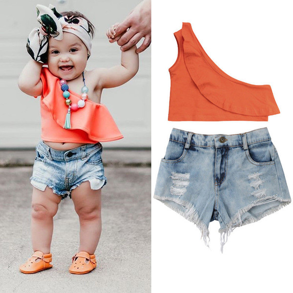 Ins fashion kids baby girls off shoulder orange Tops shorts ripped jeans 2pcs set ruffles outfits featuring summer clothing boutique 2-7Y