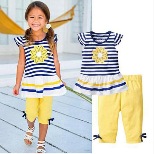 Cute Baby Kids Girls Clothes Sunflower Stripe T-shirt Tops + Yellow Leggings 2pcs Outfit Sets 2017 Summer Children Girl Clothing Set