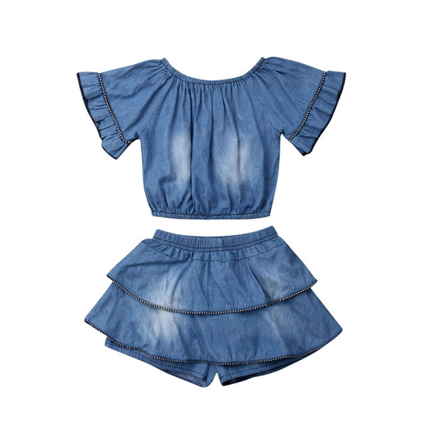 2019 Summer Toddler Kids Baby Girl Blue Denim Blue Tops Layered Ruffle Shorts Outfits Set Casual Clothes