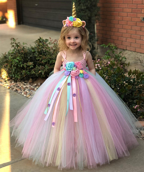 Girls Pastel Unicorn Flower Tutu Dress Kids Fluffy Crochet Long Tulle Dress Ball Gown With Hairbow Children Wedding Party DressMX190823