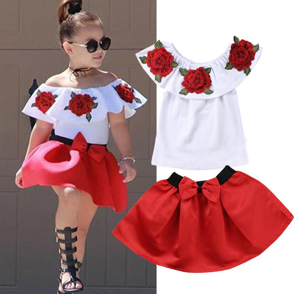Kids Toddler Girl Summer Clothing Set Ruffle Off-Shoulder Shirt Top+Bow Skirt Dress Floral Printing Baby Clothes Outfit 2PCS