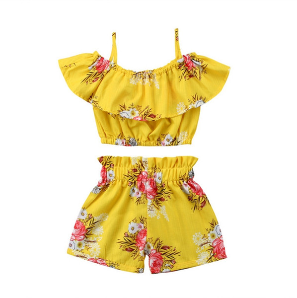 Baby Girls Outfits Flower Printed Ruffle Tops Shorts 2pcs Sets Floral Children Clothing Set Fashion Girl Suits Summer Kids Clothes YW2235