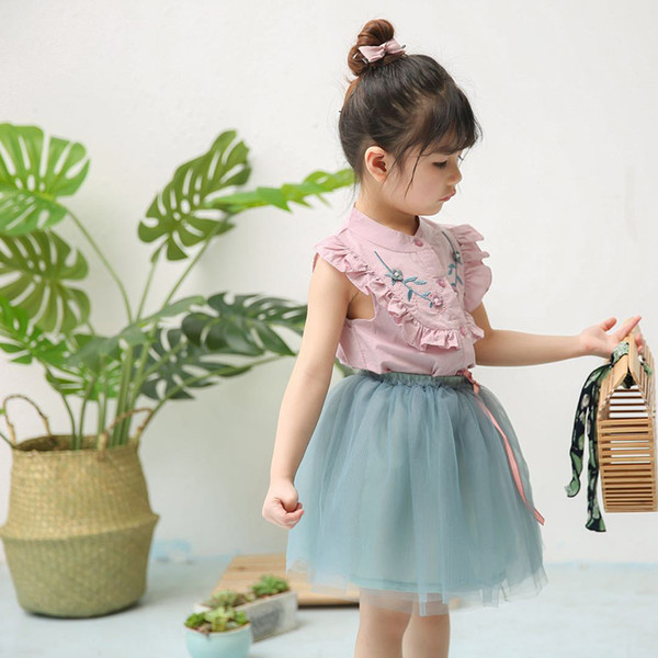 Korean Style Baby Girl Clothes Sets Ruffled Sleeveless Tops with Girls Tulle Skirt Two Piece Sets Cute Summer Outfits 18033001