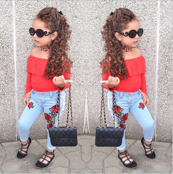 baby Girls' summer clothes set Children's day dress Europe hot style children's suit jacket shoulder + rose jeans trousers
