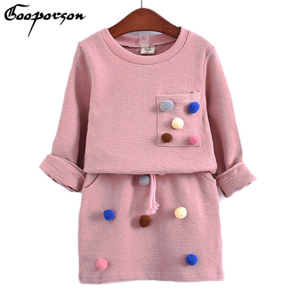 Girls Winter Clothing Set Long Sleeve Shirt With Ball With Pencil Skirt Pink And Blue Color Fashion Clothes Set Kids Children J190425