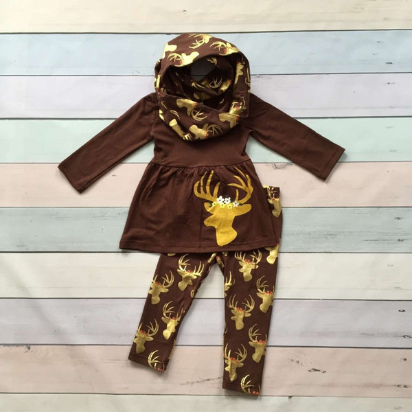 FALL OUTFITS persnickety girls 3 pieces scarf sets baby girls Christmas gold reindeer clothes children boutique X-mas outfits