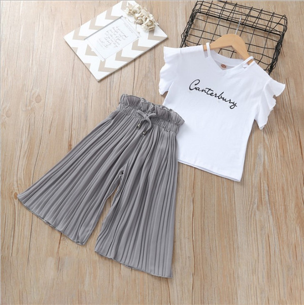 Baby Girls Summer Sweet Clothing 2019 Ins Childrens Letter Printed T-shirt And Ruffle Wide Leg Pants 2 Pieces Set Kids Fashion Set