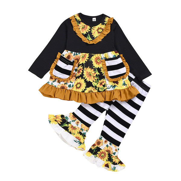 kids designer clothes girls outfits children sunflower ruffle Tops+stripe Flare pants 2pcs/set Spring Autumn baby Clothing Sets C1563