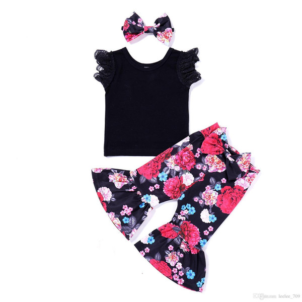 Nwt Ins New Cute Baby Girl Summer Outfits 3piece Set Cotton Lace Tops Shirts Vest Rose Floral Pants Bow Headband