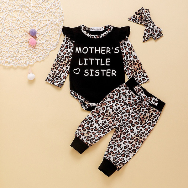Vieeoease Christmas Baby Girls sets Long Sleeve Letter Romper + Leopard Pants + Headband Kids Clothing for 2019 Autumn Winter CC-610
