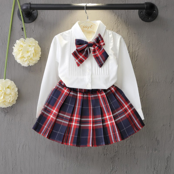 Autumn&Spring New School Style Fashion Baby Girls Dress Set White Shirt Top With Plaid Knot Tie+Plaid Mini Skirt 3 Pcs Sets 3-7T