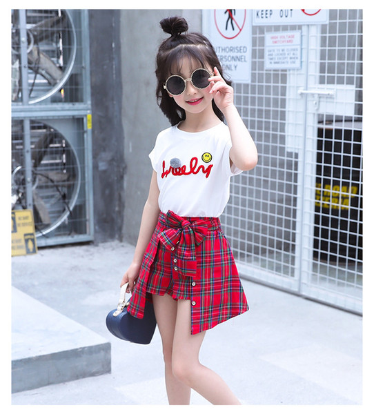 Girls summer fashion clothes sets children's letter print t shirt + Plaid bow skirt pants 2 pcs suit kids clothing sets