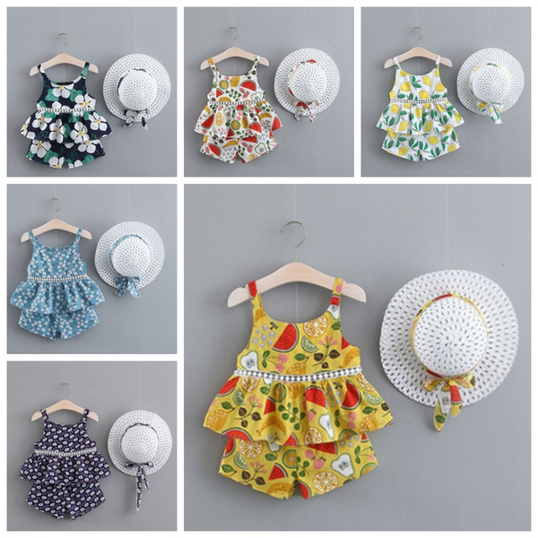 Flower Girl Outfits Baby Girls Floral Tops Shorts Hat 3PCS Set Suspender Toddler Clothes Set Summer Baby Clothing 7 Designs DHW3884