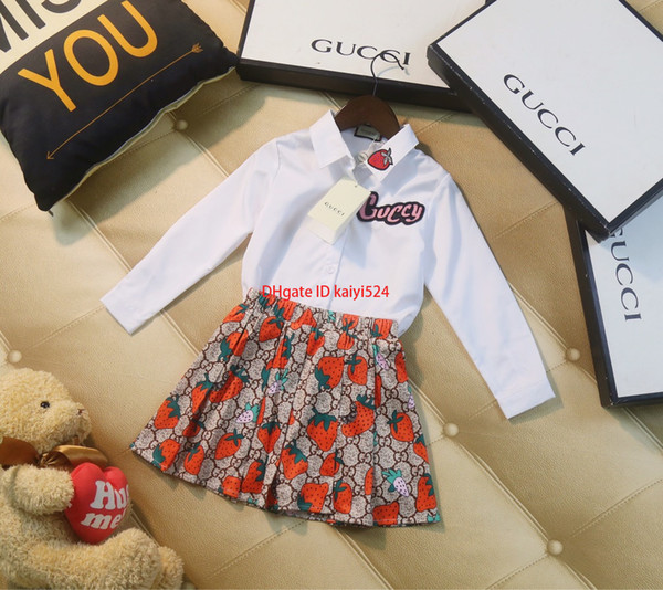 Girls set children's designer clothing 2019 new shirt + pleated skirt 2pcs lapel design top cute strawberry print casual girl suit
