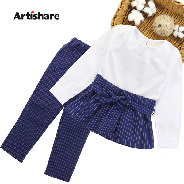 Girls Clothes Set Patchwork Shirt Dress + Striped Pants 2PCS Children Clothing Spring & Autumn Kids Teen Clothes 6 8 10 12 13 14 V191112