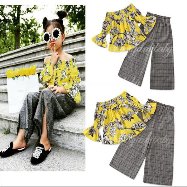 Baby Girl Clothes Kids Retro Floral Flowers Clothing Sets Off Shoulder Top Plaid Wide-legged Pants Striped Summer Fashion T Shirt Pants 4921
