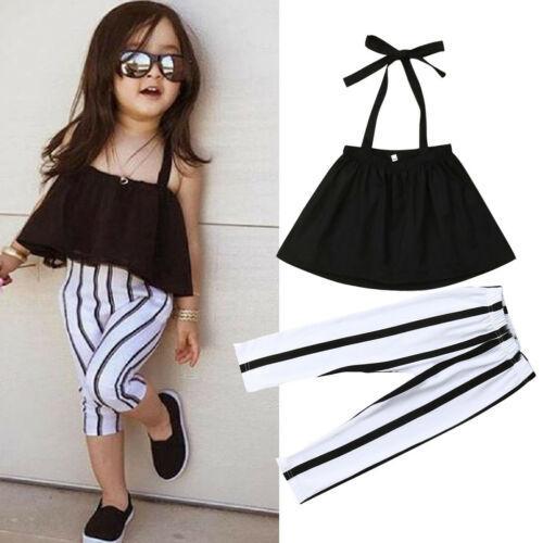 Toddler Kid Baby Girl Clothes Strap Tops+Stripe Long Pants Summer Outfits Set