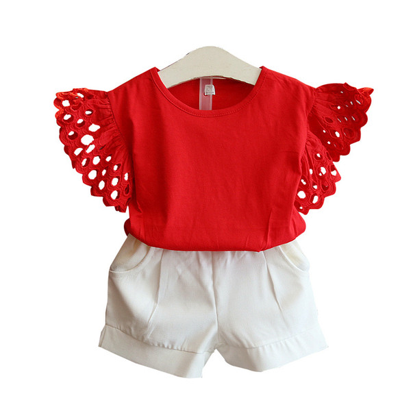 Children Flying sleeves outfits girls Hollow sleeves top+shorts 2pcs/set 2019 summer Baby suit Boutique kids Clothing Sets 2 colors C198