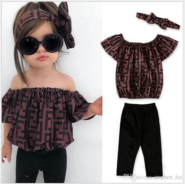 INS Girls Summer Clothing Sets Children F Letters Printed Off Shoulder Tops+Pants+Headband 3pcs Set Baby Girl Suit Kids Outfits Retail