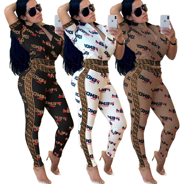 Summer Women F Letter Tracksuit Sports Suit Short Sleeves Zipper Short Sleeve + Tights Leggings Set Bodysuit Joggers Set Outfits S-XXXL C434