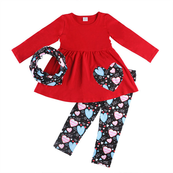Girls 3 Piece Matching Valentine's Day Heart Print Legging Set Tops Pants Headbands Love Heart Outfits 3pcs